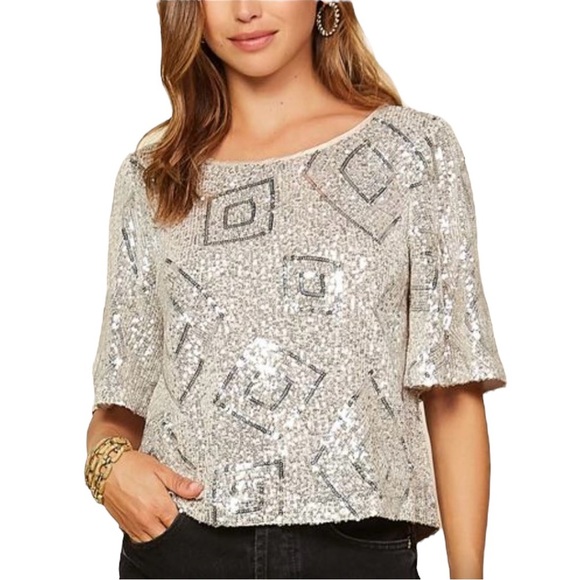 Champagne Sequin Diamond Top Skies are Blue Size Small Round Neckline Boxy Fit - Picture 1 of 11